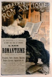 Plakat für „Librairie Romantique“, das eine Buchreihe zur Geschichte der Romantik bewirbt, 1887